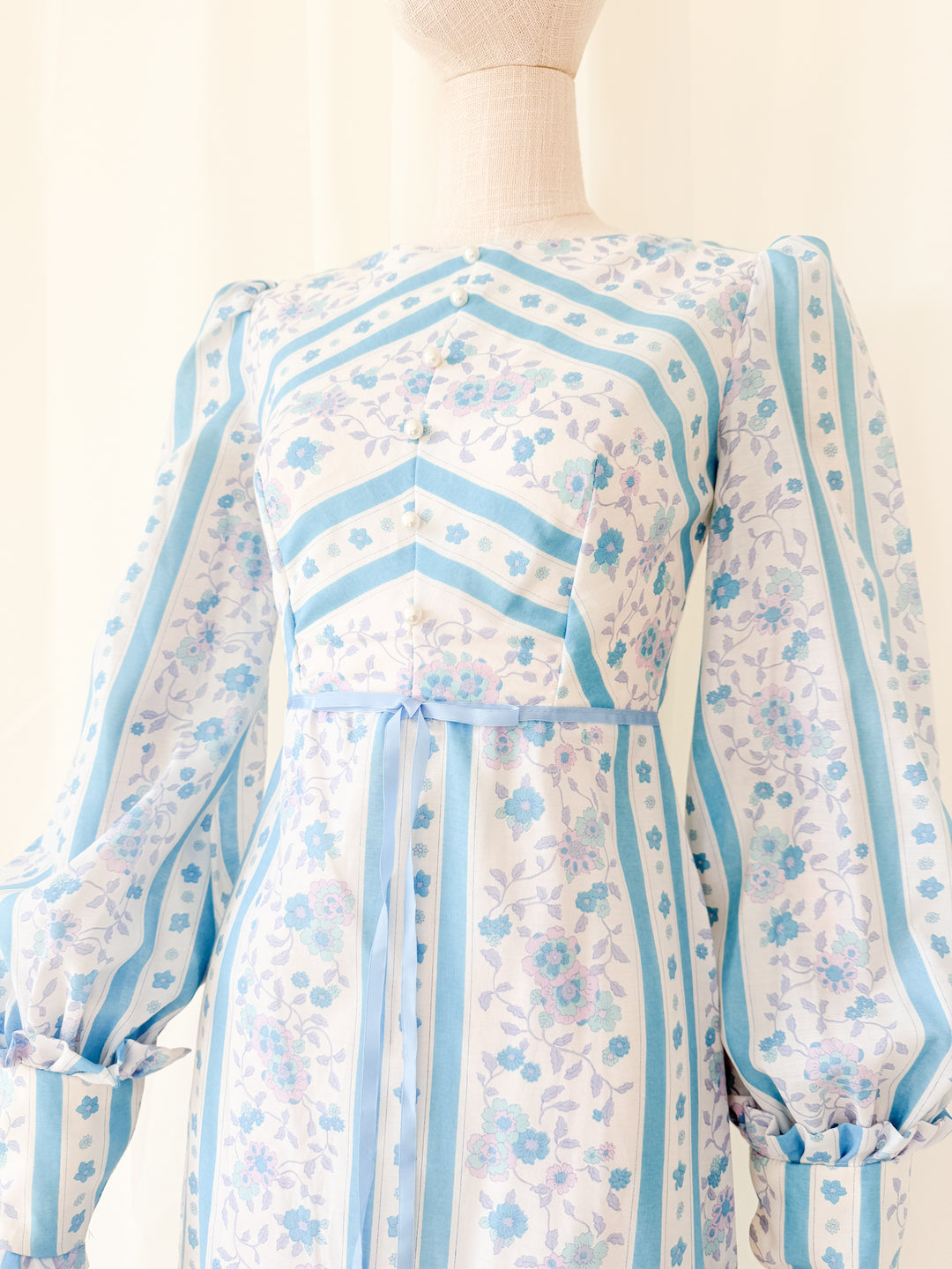 Gorgeous 1970s Chintz Stripe Floral Cotton Maxi Dress