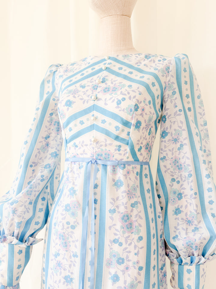 Gorgeous 1970s Chintz Stripe Floral Cotton Maxi Dress