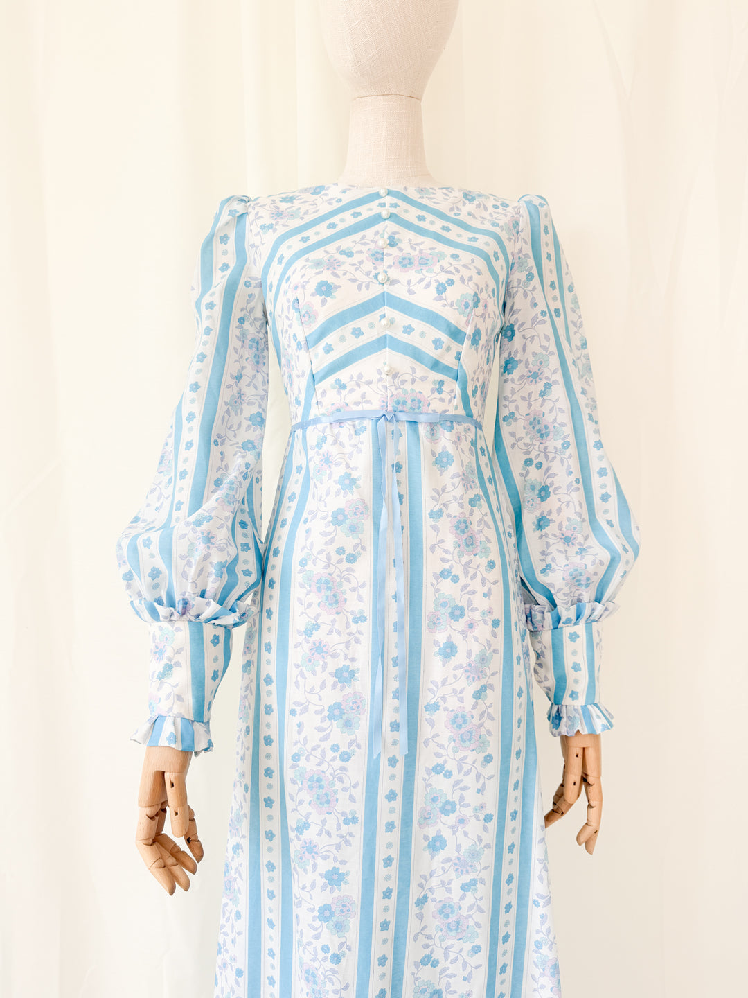 Gorgeous 1970s Chintz Stripe Floral Cotton Maxi Dress
