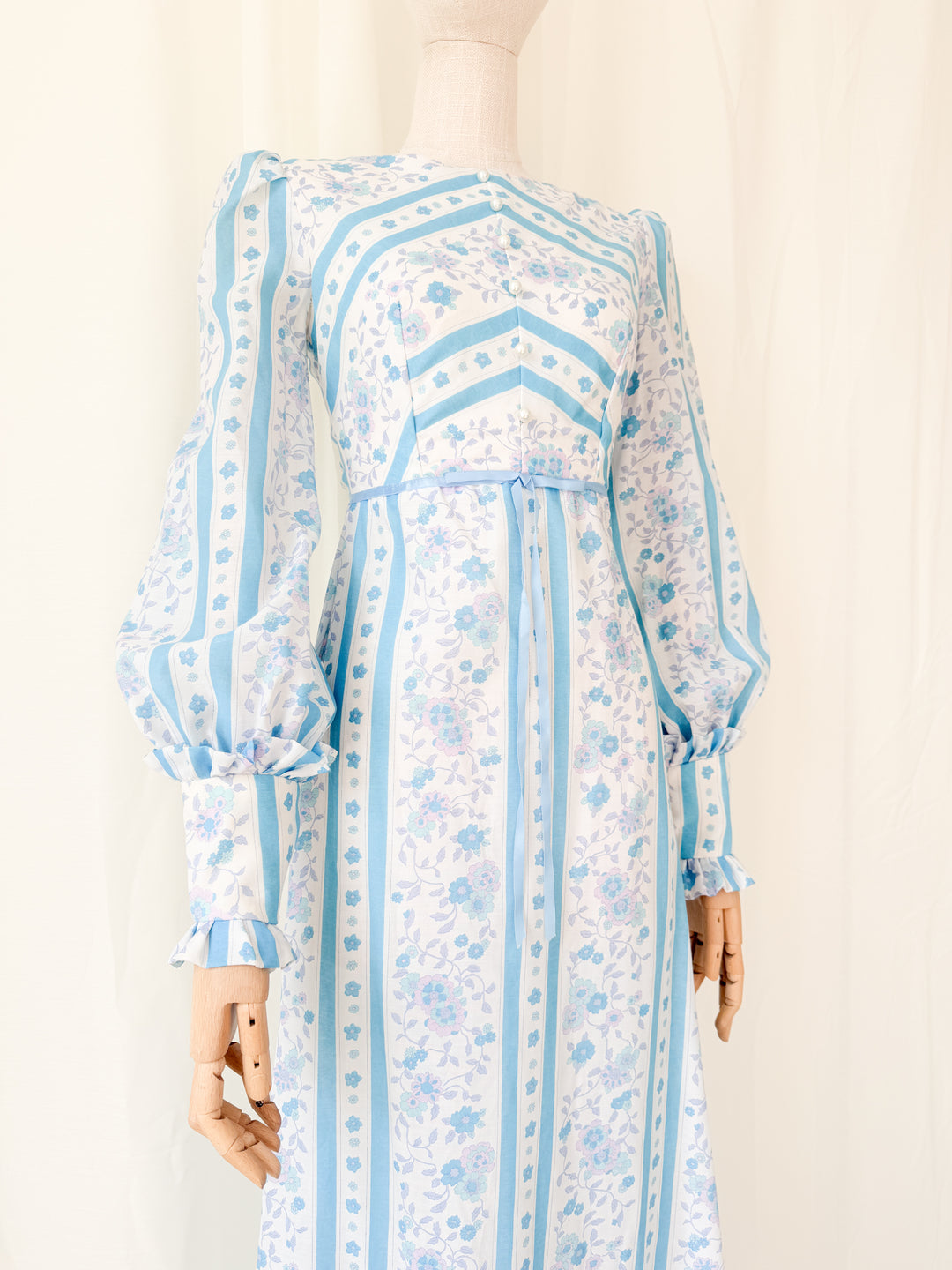 Gorgeous 1970s Chintz Stripe Floral Cotton Maxi Dress