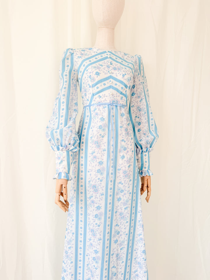 Gorgeous 1970s Chintz Stripe Floral Cotton Maxi Dress