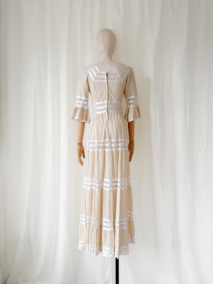 Precious Holy Grail 1970s Cotton & Lace Mexican Maxi Dress