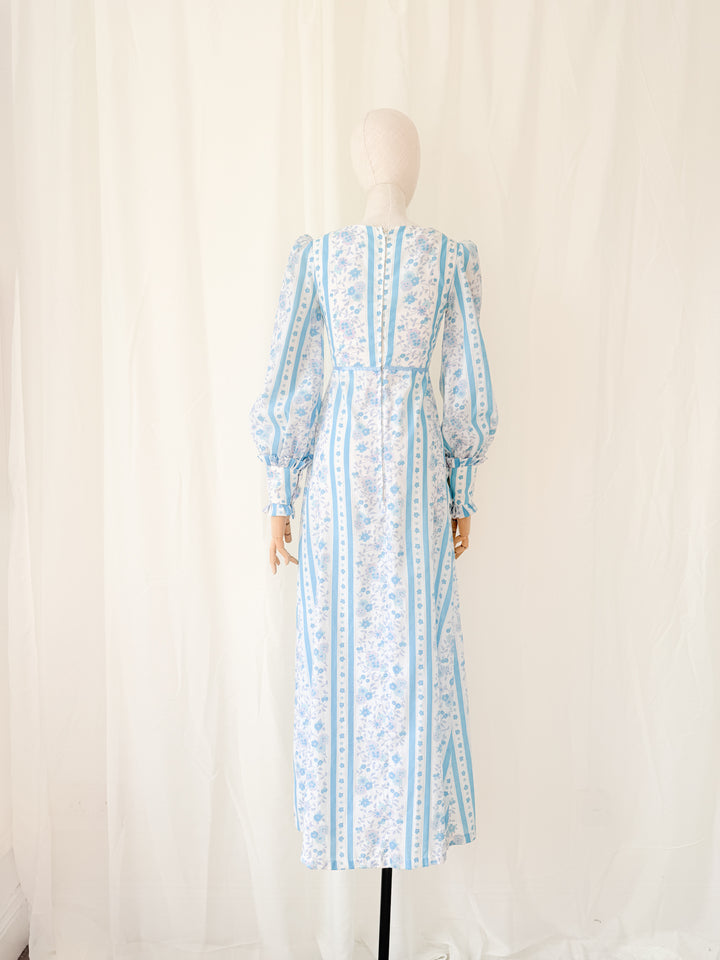 Gorgeous 1970s Chintz Stripe Floral Cotton Maxi Dress