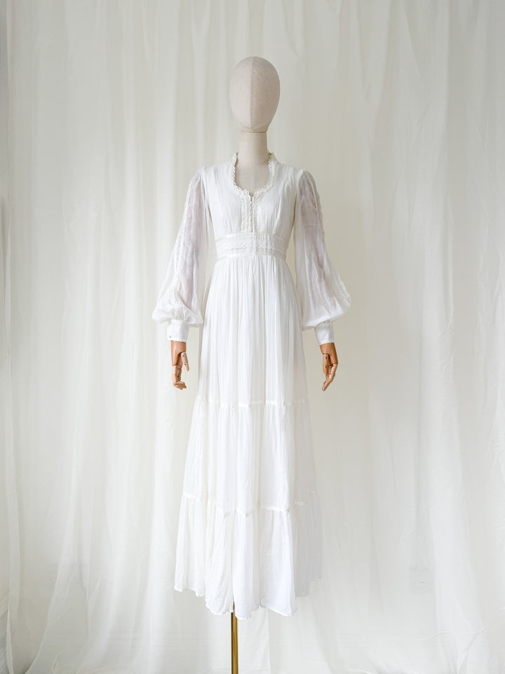 Ethereal Rare 1970s Corset Bust White Cotton Maxi Dress