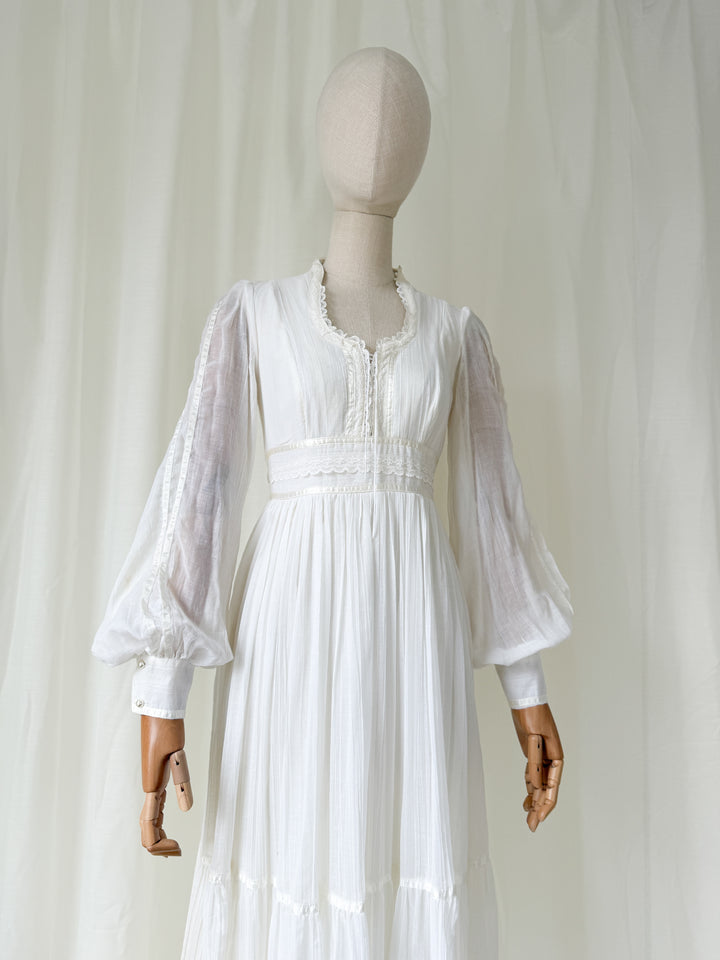 Ethereal Rare 1970s Corset Bust White Cotton Maxi Dress