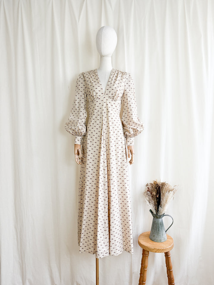 Dreamy One of a Kind 1970s Soft Ecru Cotton Floral Maxi Dress