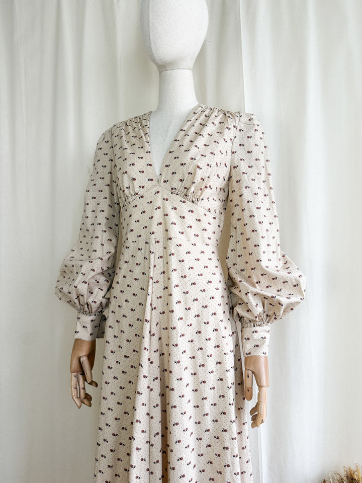Dreamy One of a Kind 1970s Soft Ecru Cotton Floral Maxi Dress