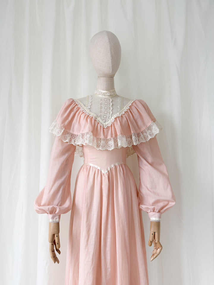 Precious Late 1970s Early 1980s Jessica McClintock 'Gunne Sax' Cotton Prairie Maxi Dress