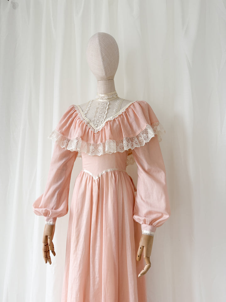 Precious Late 1970s Early 1980s Jessica McClintock 'Gunne Sax' Cotton Prairie Maxi Dress