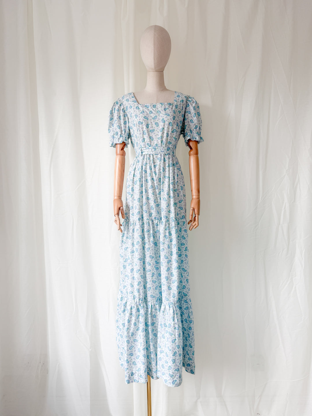 Stunning 1970s Floral Cotton Tiered Baby Blue Maxi Dress