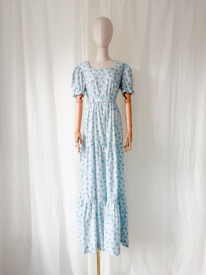 Stunning 1970s Floral Cotton Tiered Baby Blue Maxi Dress