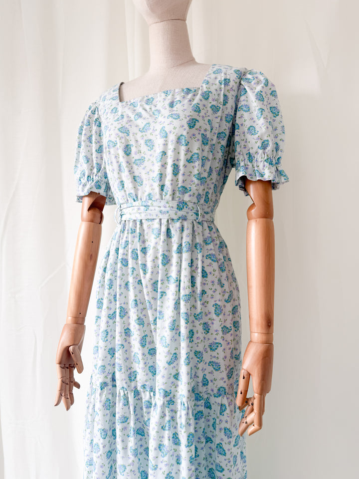 Stunning 1970s Floral Cotton Tiered Baby Blue Maxi Dress