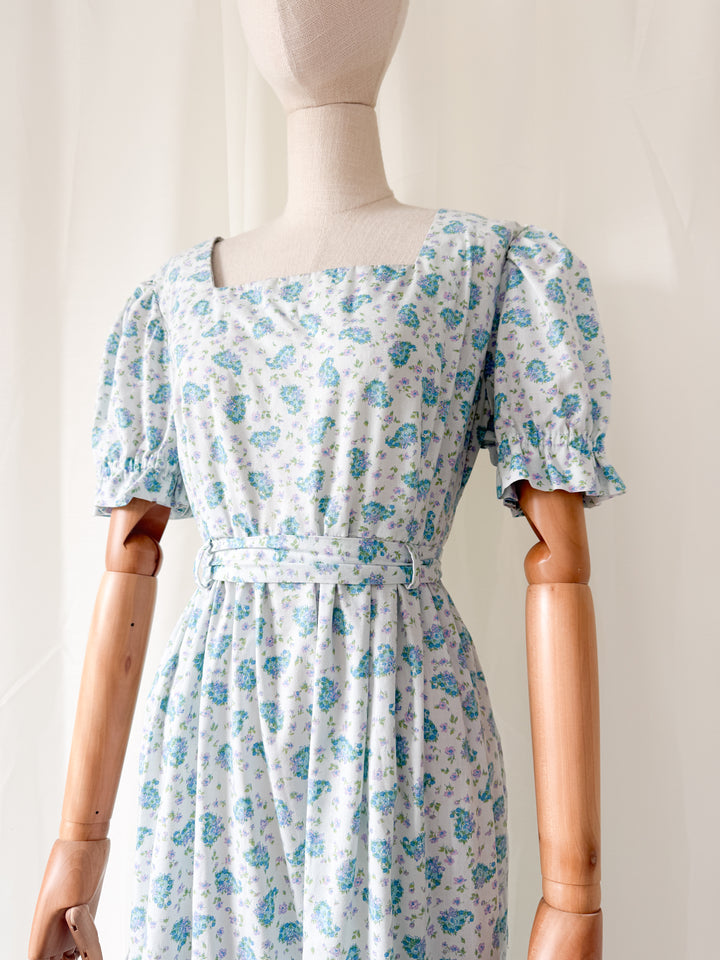 Stunning 1970s Floral Cotton Tiered Baby Blue Maxi Dress