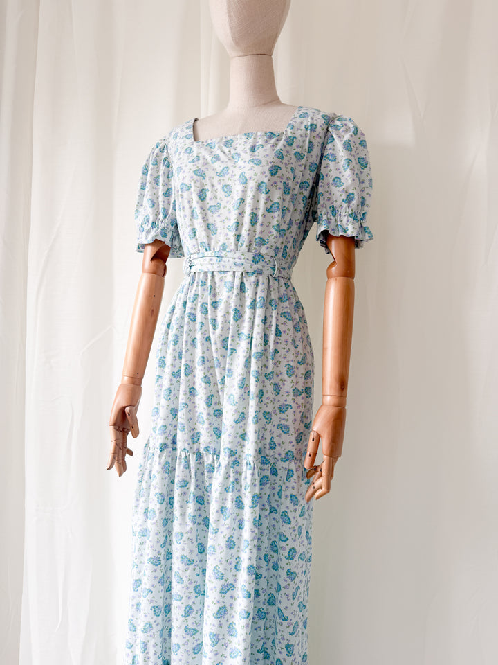 Stunning 1970s Floral Cotton Tiered Baby Blue Maxi Dress