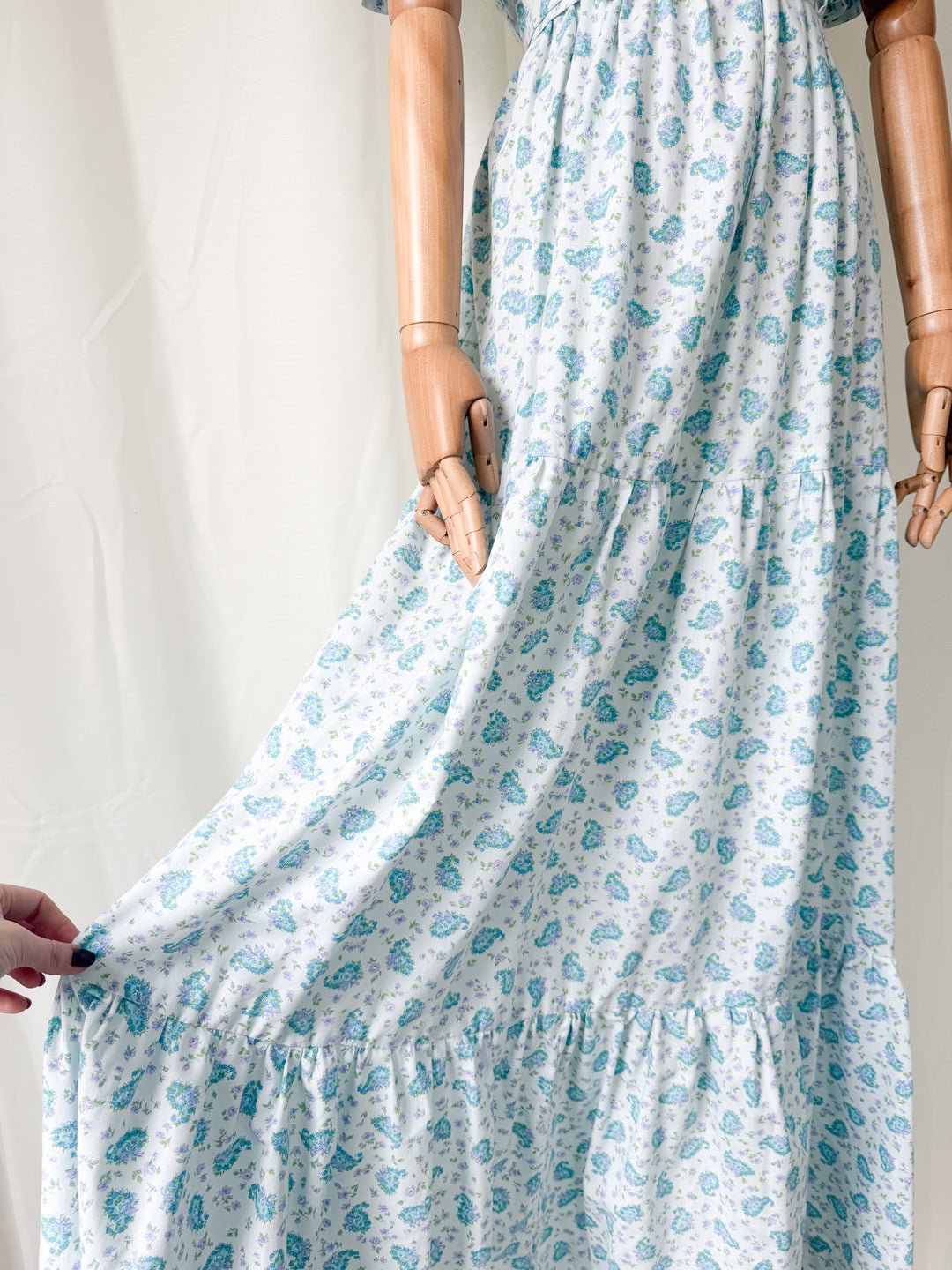 Stunning 1970s Floral Cotton Tiered Baby Blue Maxi Dress