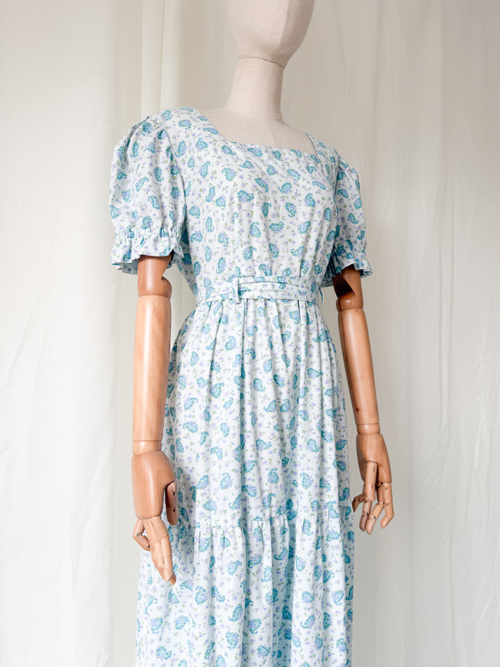 Stunning 1970s Floral Cotton Tiered Baby Blue Maxi Dress
