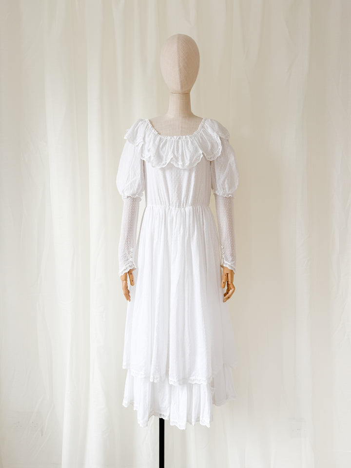 Heavenly Swan Like Rare Late 1970s White Swiss Dot Cotton Laura Ashley Midaxi Dress