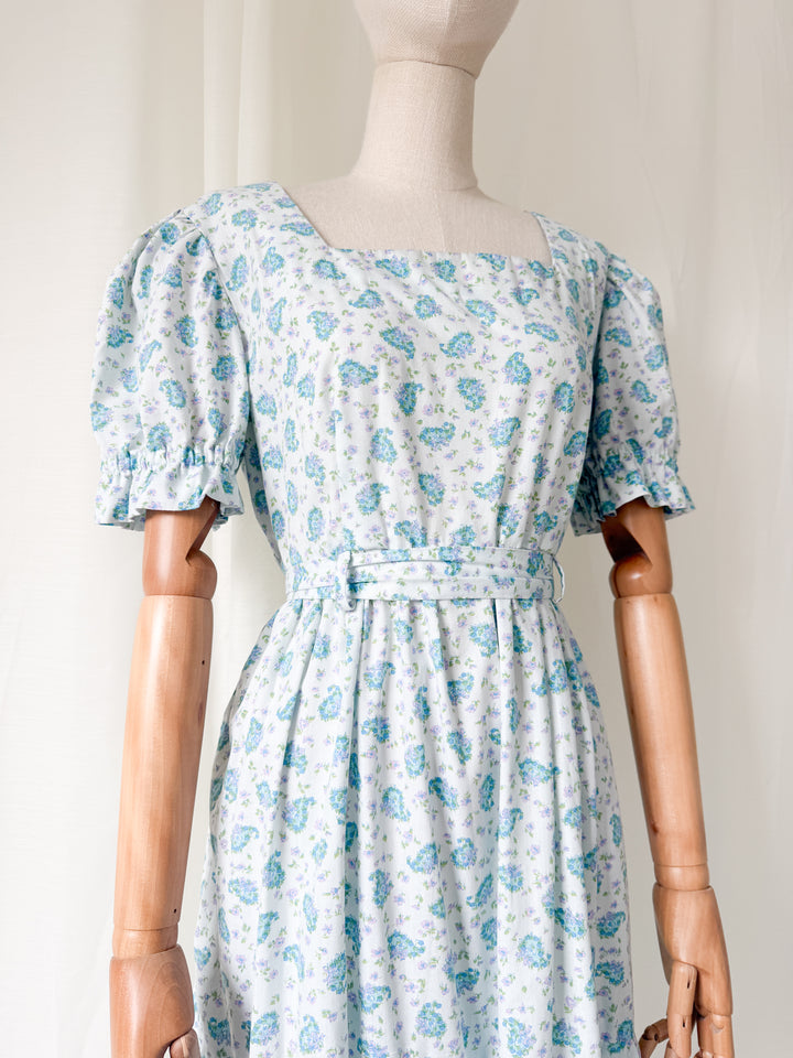 Stunning 1970s Floral Cotton Tiered Baby Blue Maxi Dress
