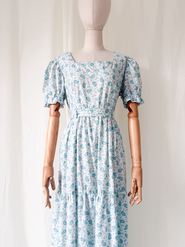 Stunning 1970s Floral Cotton Tiered Baby Blue Maxi Dress