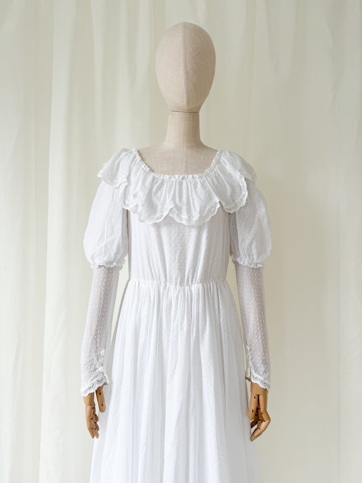 Heavenly Swan Like Rare Late 1970s White Swiss Dot Cotton Laura Ashley Midaxi Dress