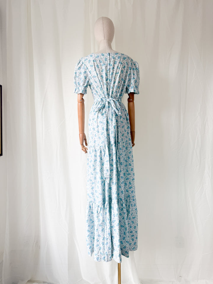 Stunning 1970s Floral Cotton Tiered Baby Blue Maxi Dress