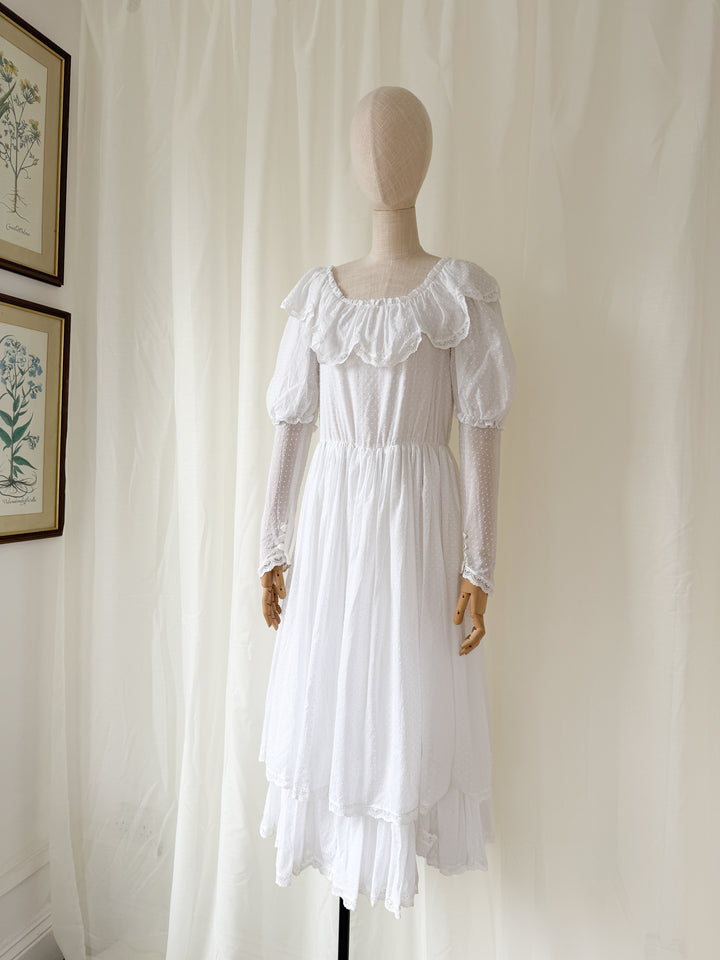 Heavenly Swan Like Rare Late 1970s White Swiss Dot Cotton Laura Ashley Midaxi Dress
