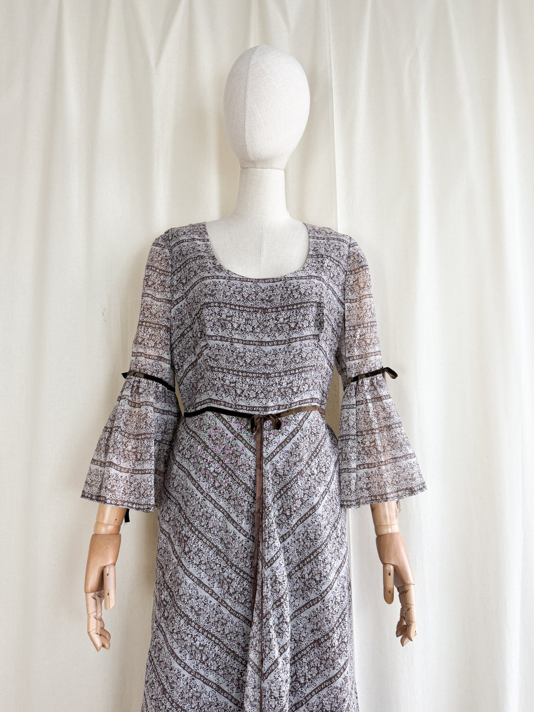 Dreamy 1970s Dark Brown Soft Cotton Bohemian Prairie Maxi Dress