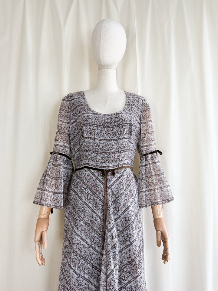 Dreamy 1970s Dark Brown Soft Cotton Bohemian Prairie Maxi Dress