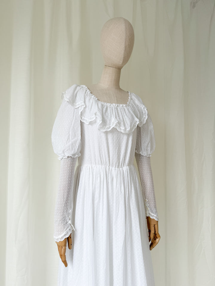Heavenly Swan Like Rare Late 1970s White Swiss Dot Cotton Laura Ashley Midaxi Dress