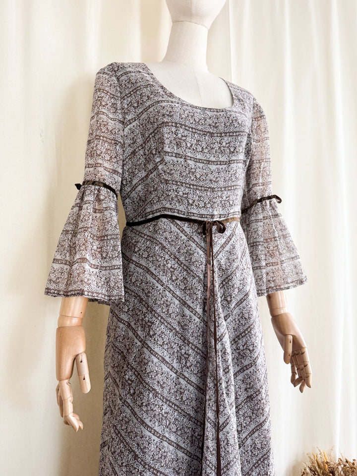 Dreamy 1970s Dark Brown Soft Cotton Bohemian Prairie Maxi Dress