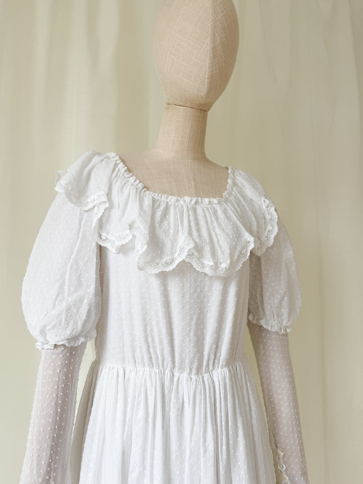 Heavenly Swan Like Rare Late 1970s White Swiss Dot Cotton Laura Ashley Midaxi Dress
