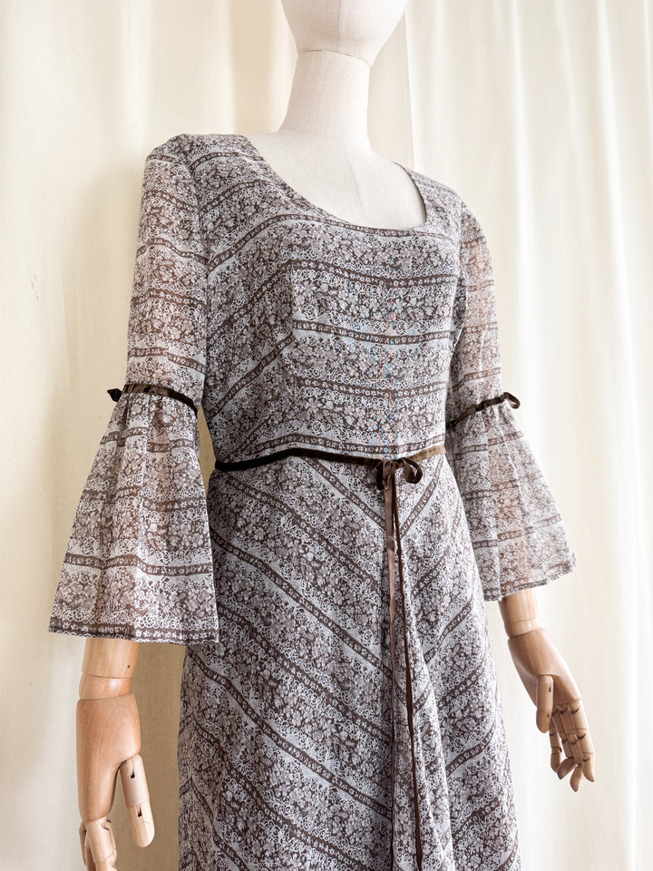 Dreamy 1970s Dark Brown Soft Cotton Bohemian Prairie Maxi Dress