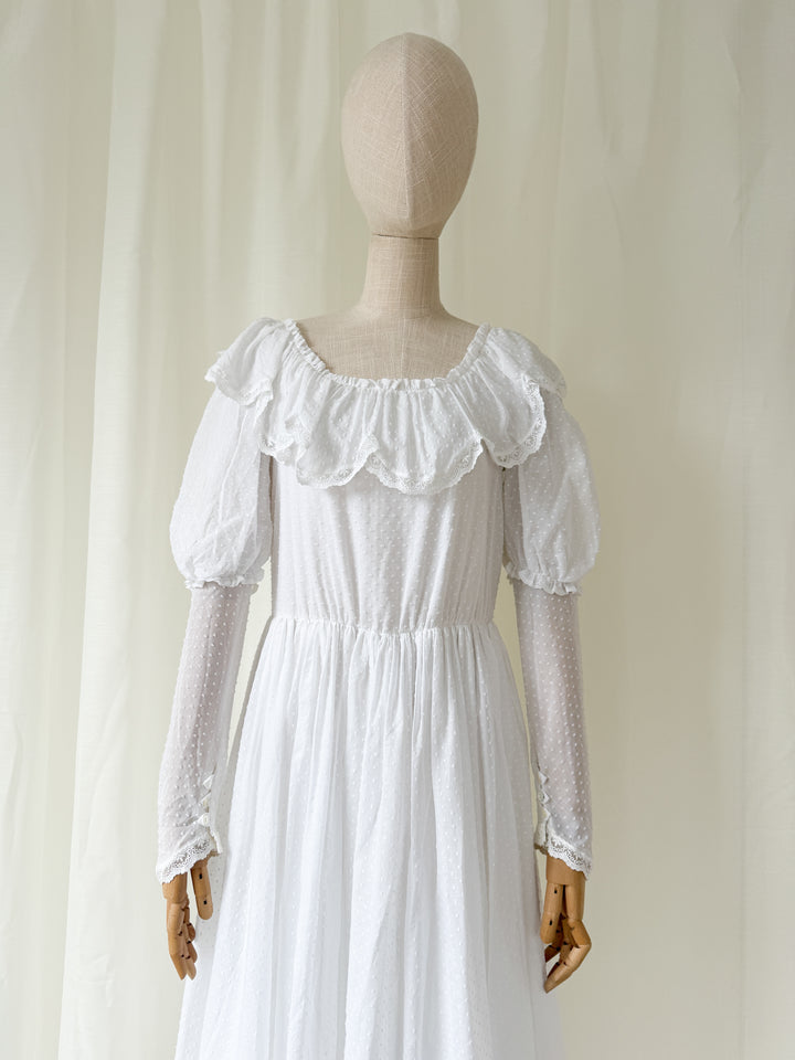 Heavenly Swan Like Rare Late 1970s White Swiss Dot Cotton Laura Ashley Midaxi Dress