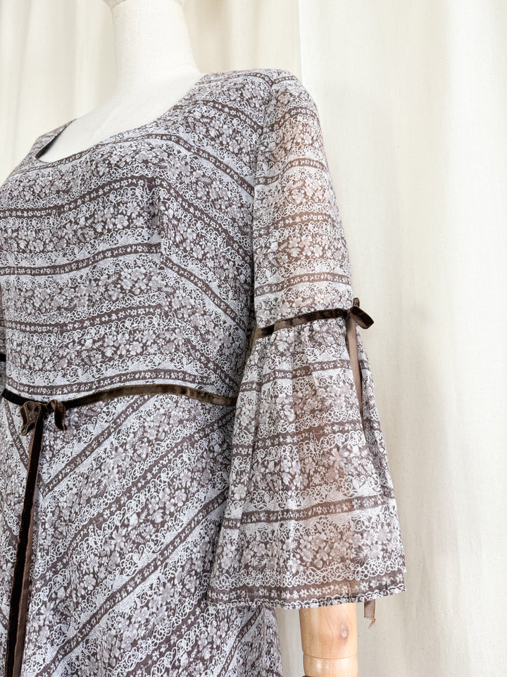 Dreamy 1970s Dark Brown Soft Cotton Bohemian Prairie Maxi Dress