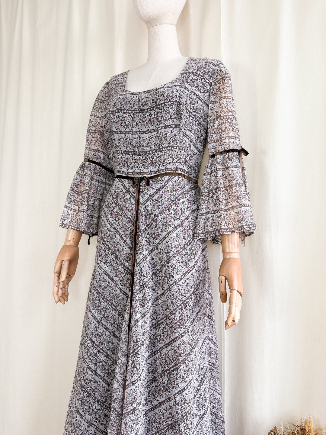 Dreamy 1970s Dark Brown Soft Cotton Bohemian Prairie Maxi Dress