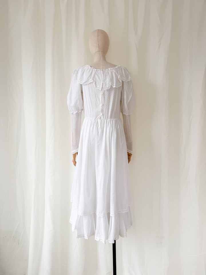 Heavenly Swan Like Rare Late 1970s White Swiss Dot Cotton Laura Ashley Midaxi Dress