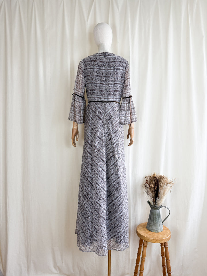 Dreamy 1970s Dark Brown Soft Cotton Bohemian Prairie Maxi Dress