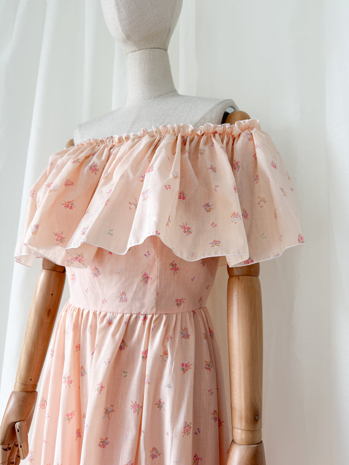 Beautiful 1970s Peach Cotton Off Shoulder Maxi Dress