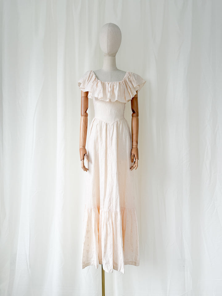 Breathtaking Heavy Embroidered Cotton 1970s Blush Pink Maxi Dress