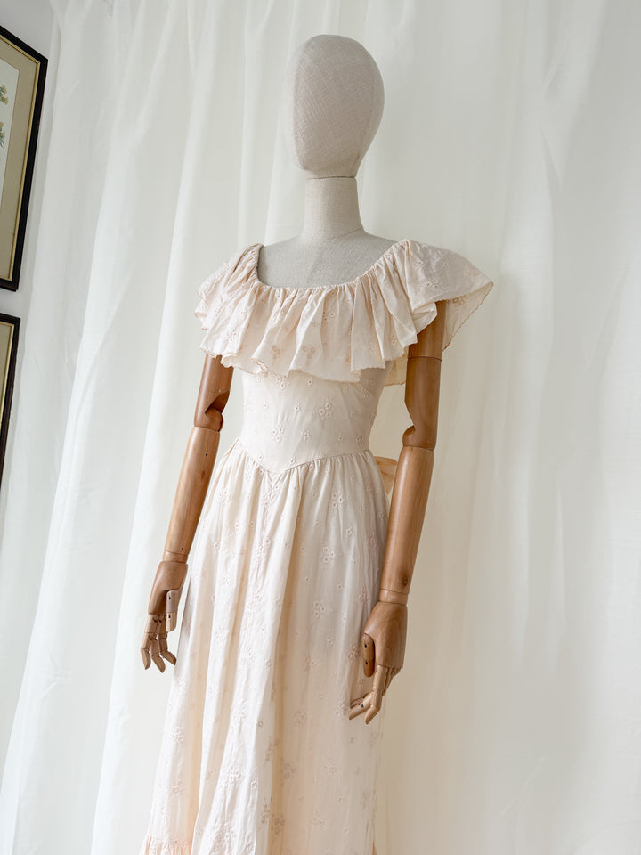 Breathtaking Heavy Embroidered Cotton 1970s Blush Pink Maxi Dress