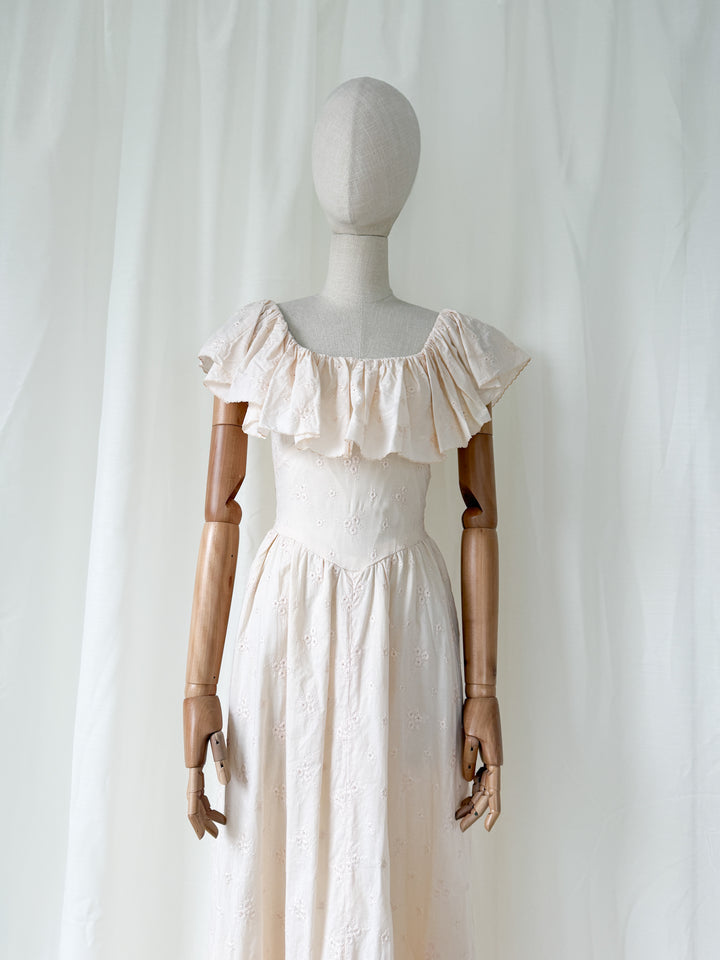 Breathtaking Heavy Embroidered Cotton 1970s Blush Pink Maxi Dress