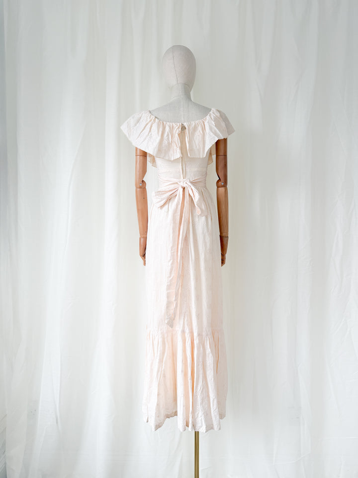 Breathtaking Heavy Embroidered Cotton 1970s Blush Pink Maxi Dress