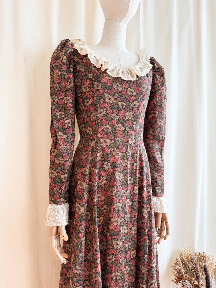 Precious One of a Kind Late 70s Lace Trimmed Romantic Cotton Maxi Dress