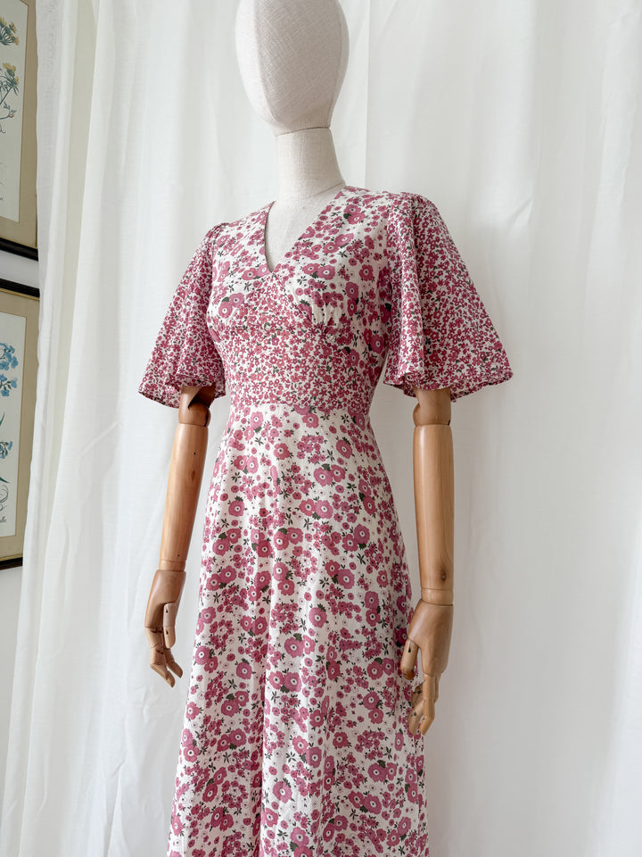 Stunning Rare 1970s Floral Cotton Angel Sleeve Bohemian Maxi Dress