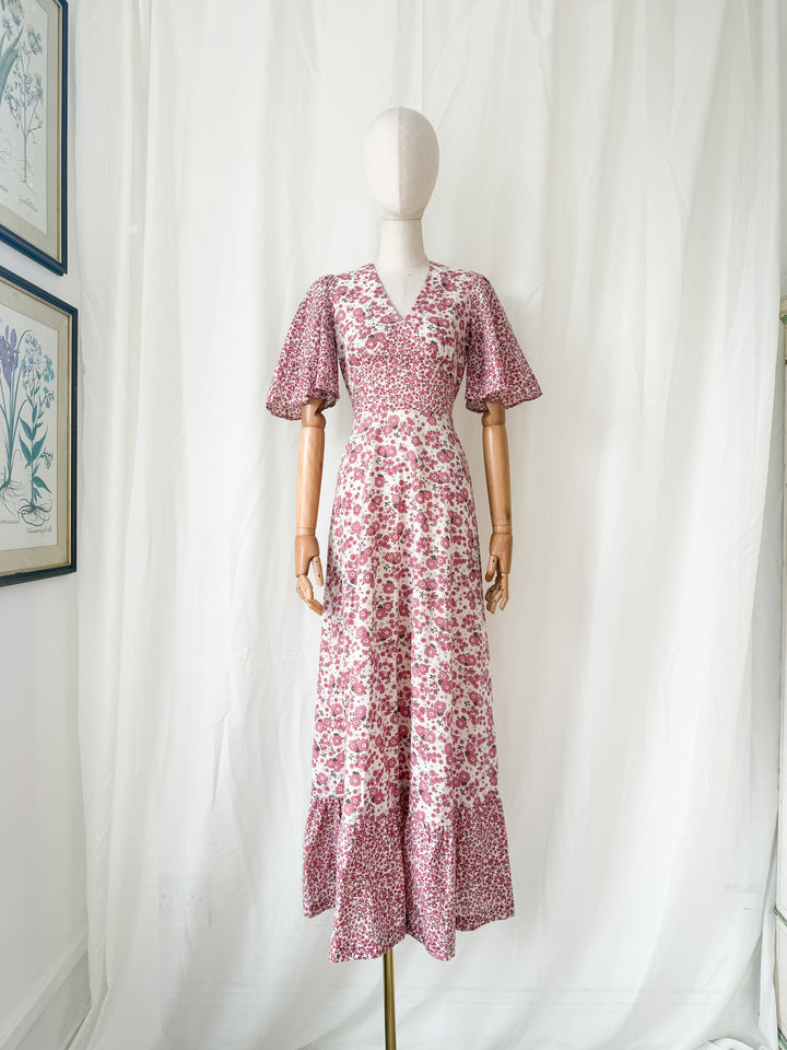 Stunning Rare 1970s Floral Cotton Angel Sleeve Bohemian Maxi Dress