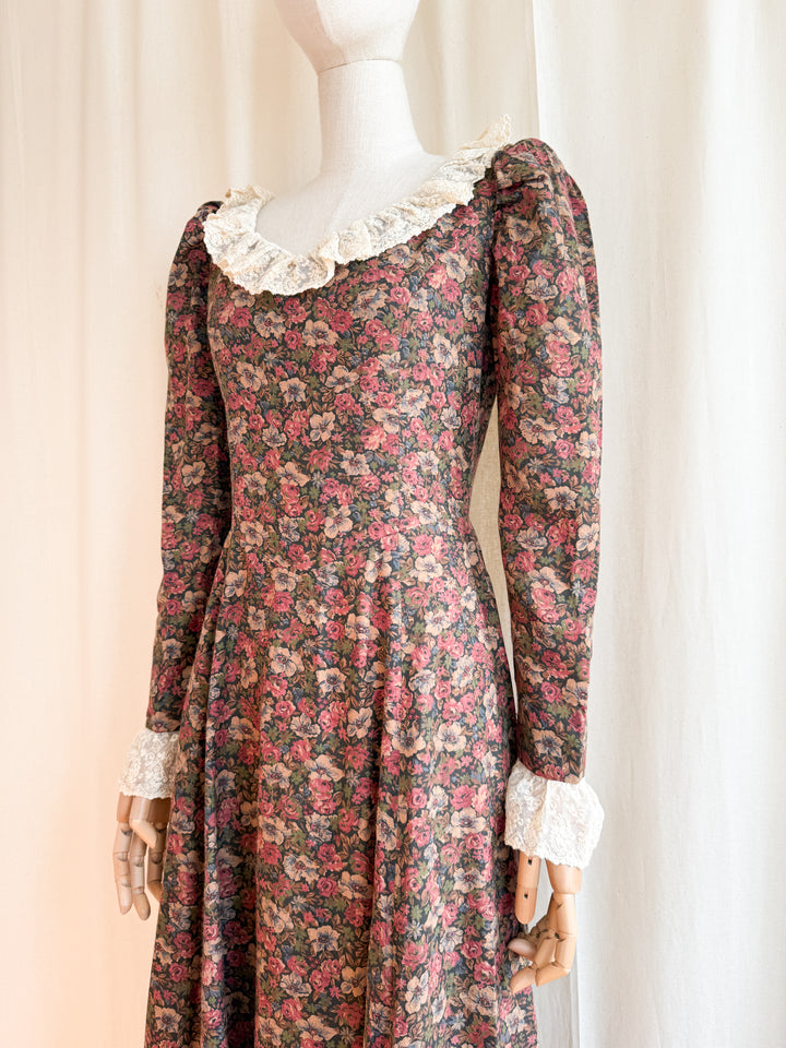Precious One of a Kind Late 70s Lace Trimmed Romantic Cotton Maxi Dress