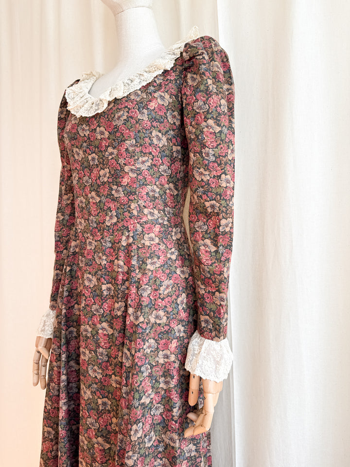 Precious One of a Kind Late 70s Lace Trimmed Romantic Cotton Maxi Dress
