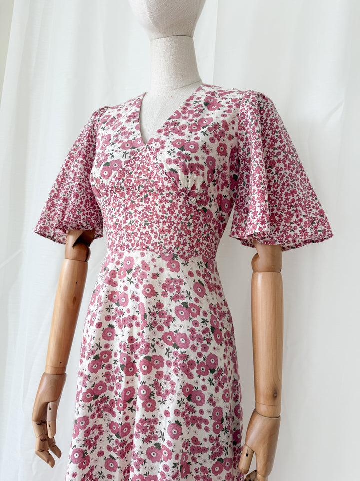Stunning Rare 1970s Floral Cotton Angel Sleeve Bohemian Maxi Dress