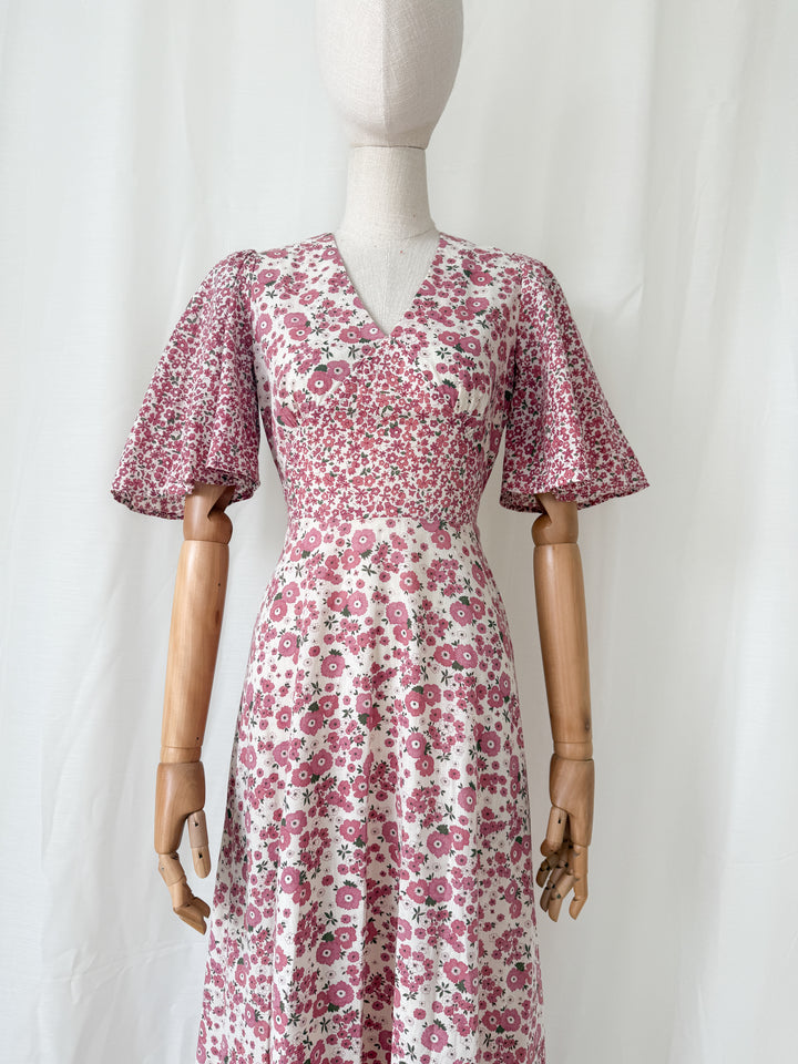 Stunning Rare 1970s Floral Cotton Angel Sleeve Bohemian Maxi Dress