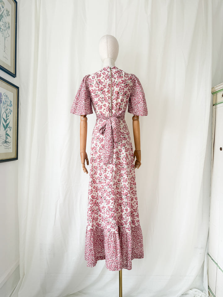 Stunning Rare 1970s Floral Cotton Angel Sleeve Bohemian Maxi Dress
